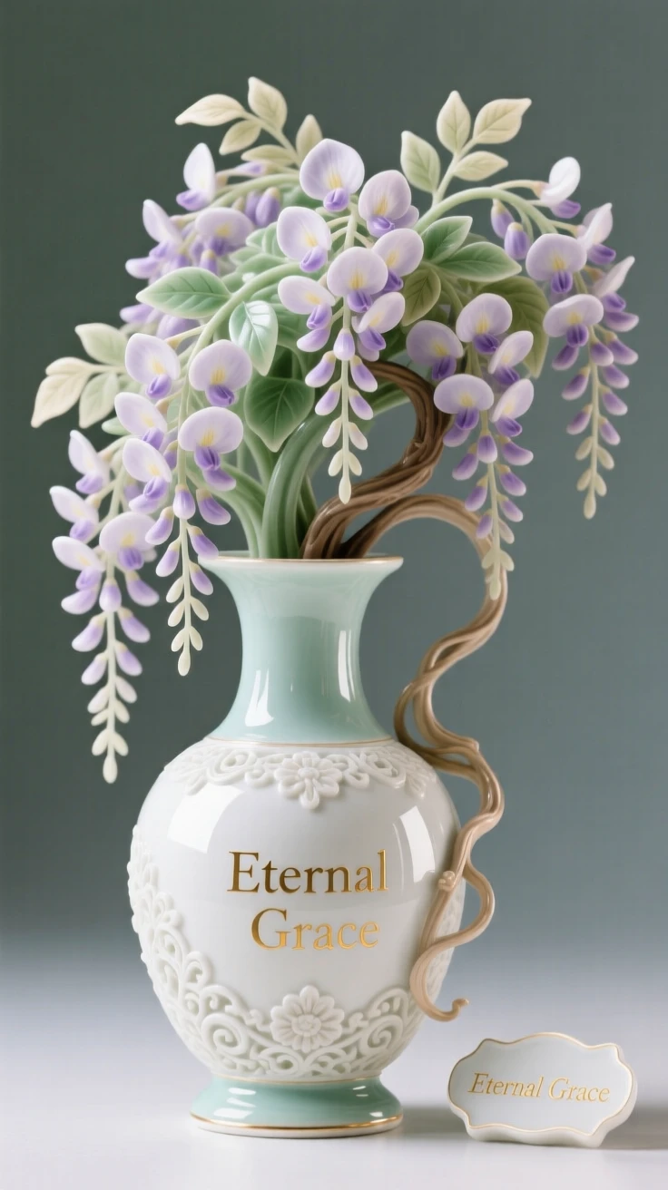 A lush arrangement of cascading wisteria in an ornate vase, arranged in a graceful cascading style.