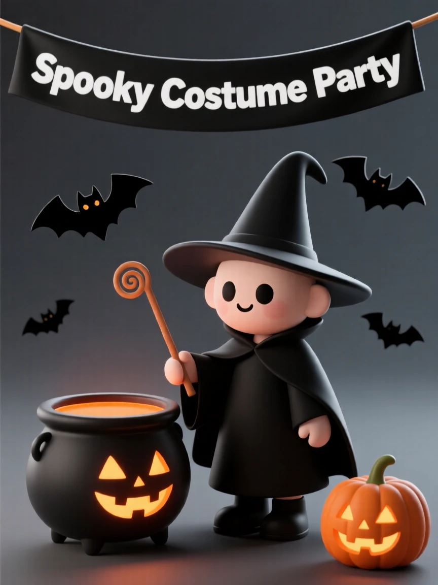 A festive Halloween witch stirs a bubbling cauldron of orange punch at a spooky costume party.