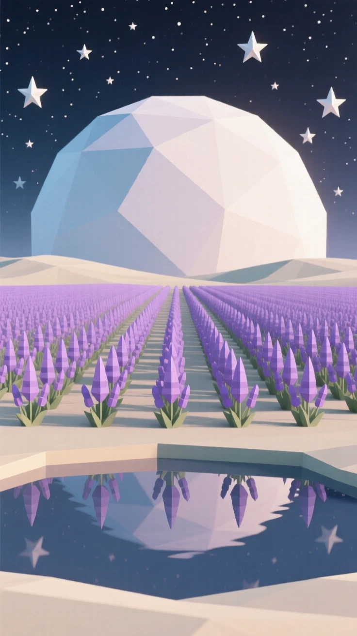A field of lavender stretching to the horizon, under a sky full of stars. reflections in the water double the scene's beauty. A gentle warmth radiates through the scene.