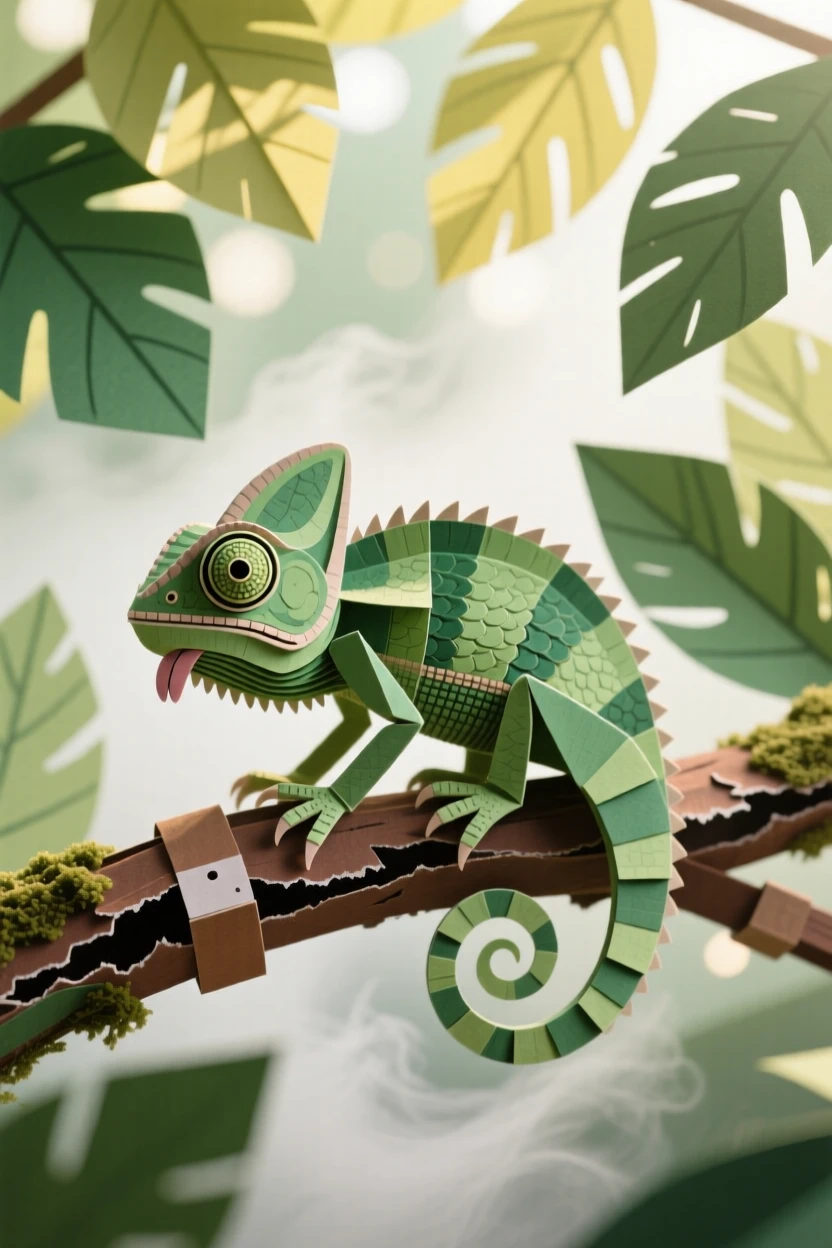 A tiny chameleon grooming itself in dappled sunlight, with mist rising gently in the background, capturing playful joy and warmth.