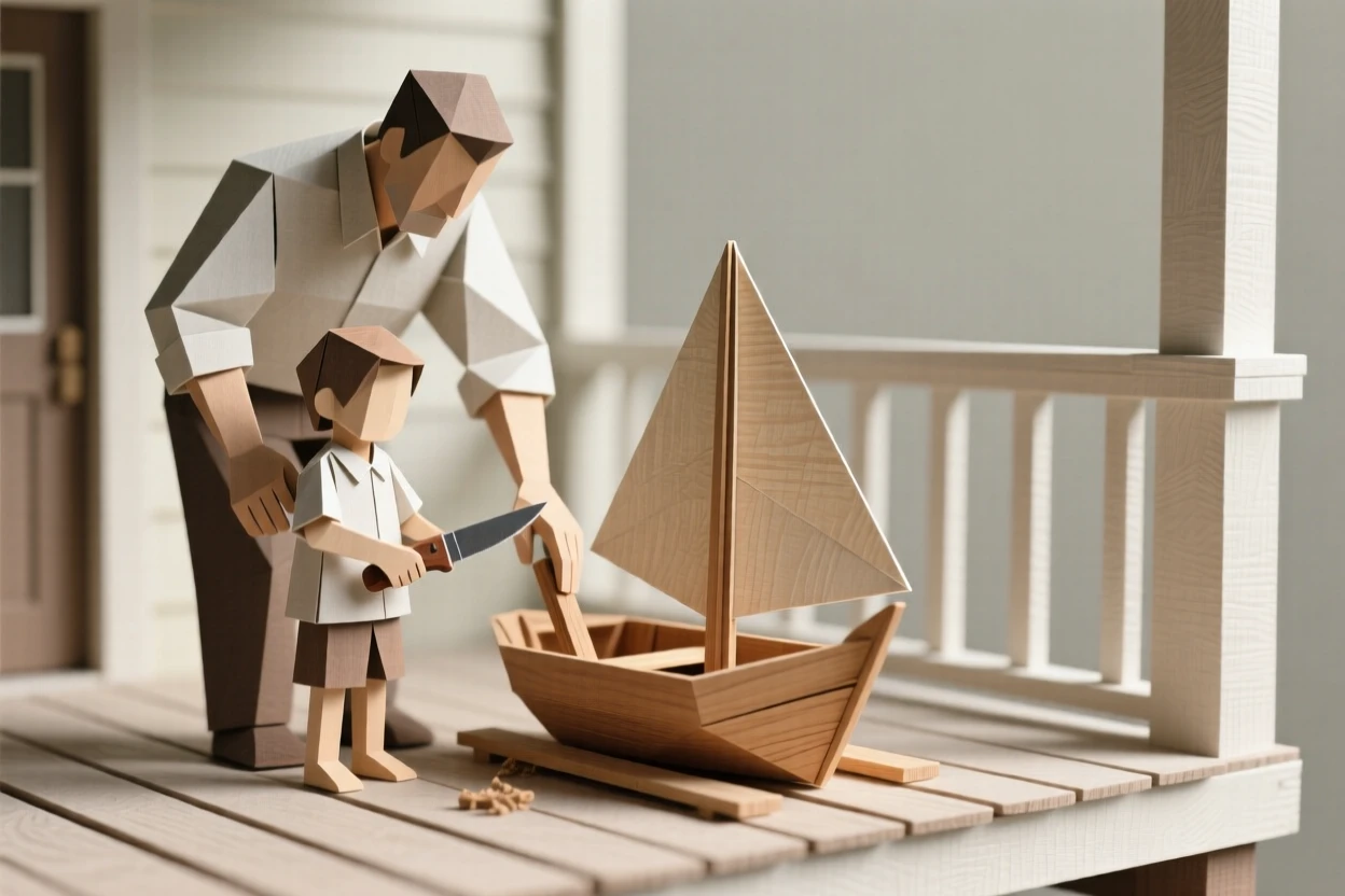A father teaching his child to whittle a small wooden boat on the porch.