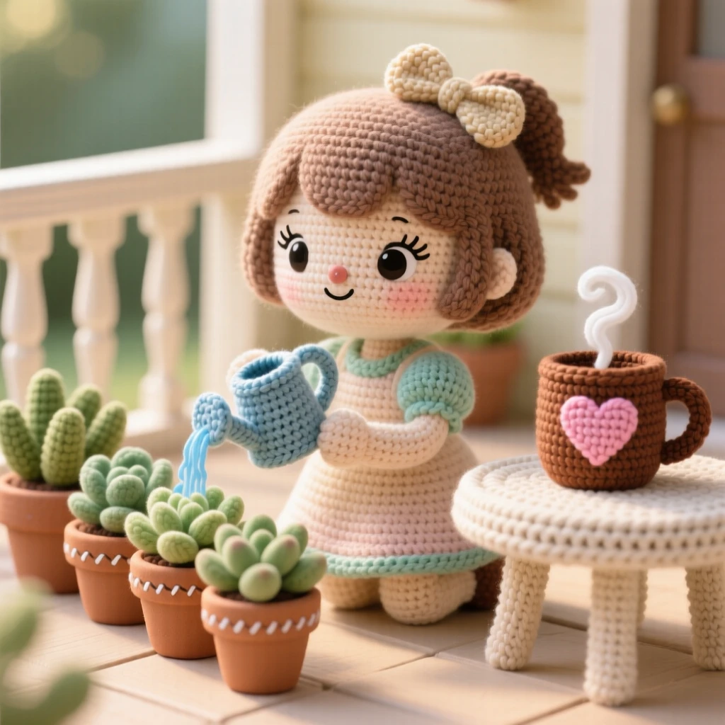 a little girl watering houseplants, in soft morning light, tending to a row of potted succulents, in a quiet porch overlooking a peaceful street, with a steaming mug resting on a small table nearby, radiating quiet satisfaction in a small task well done.