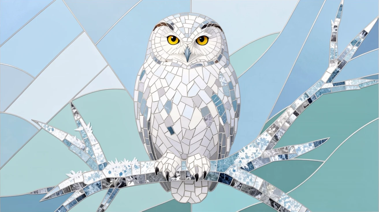 A snowy owl perched on a frost-covered branch.