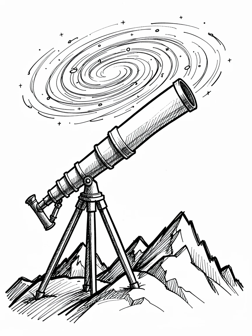 A telescope pointed at a swirling galaxy above a snowy mountain at night.
