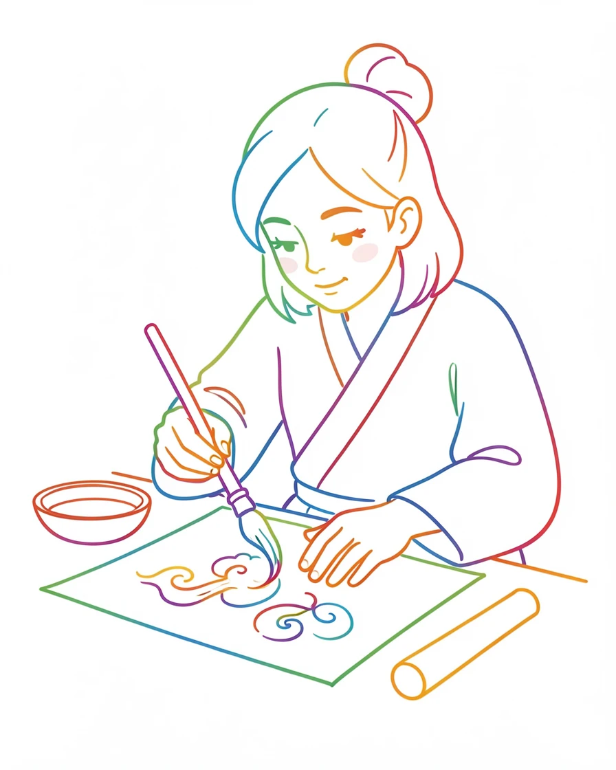 A person practicing calligraphy brush painting on rice paper.