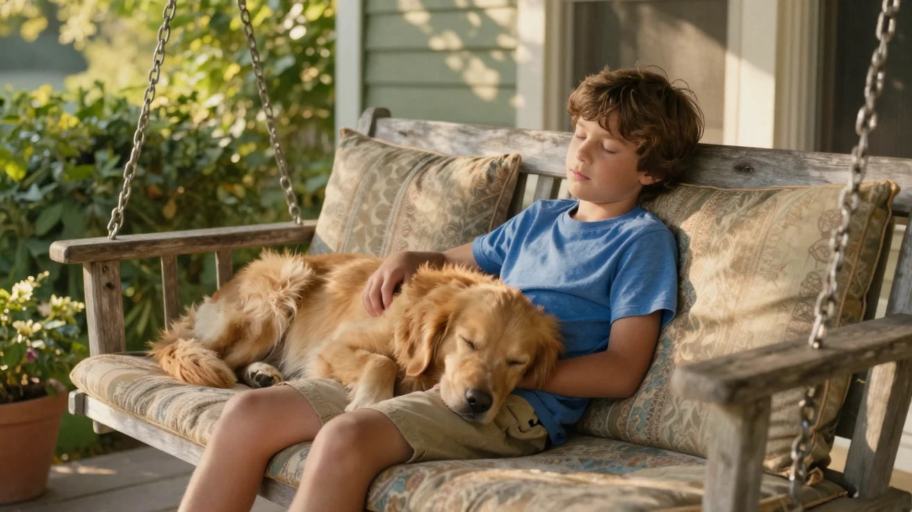 A boy and his dog fall asleep together on a porch swing during a lazy summer afternoon.