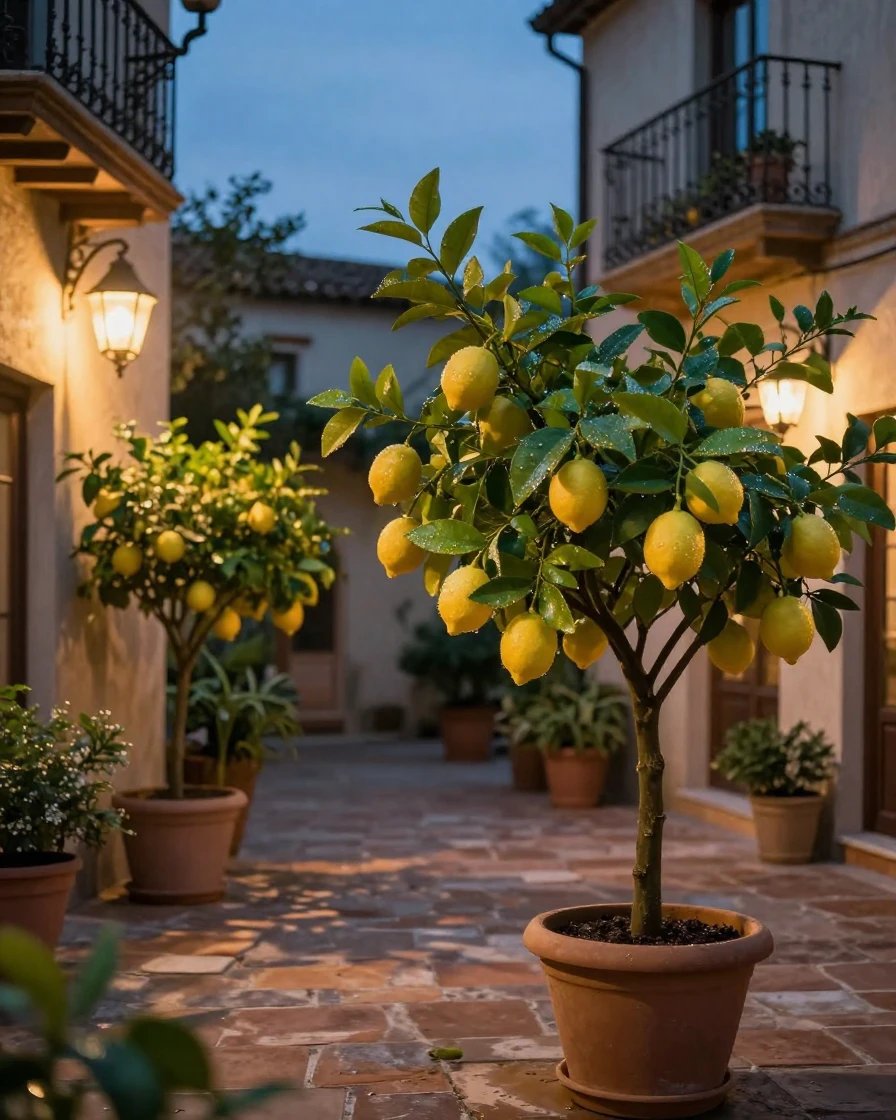 A charming courtyard filled with potted lemon trees under the soft glow of evening lamps