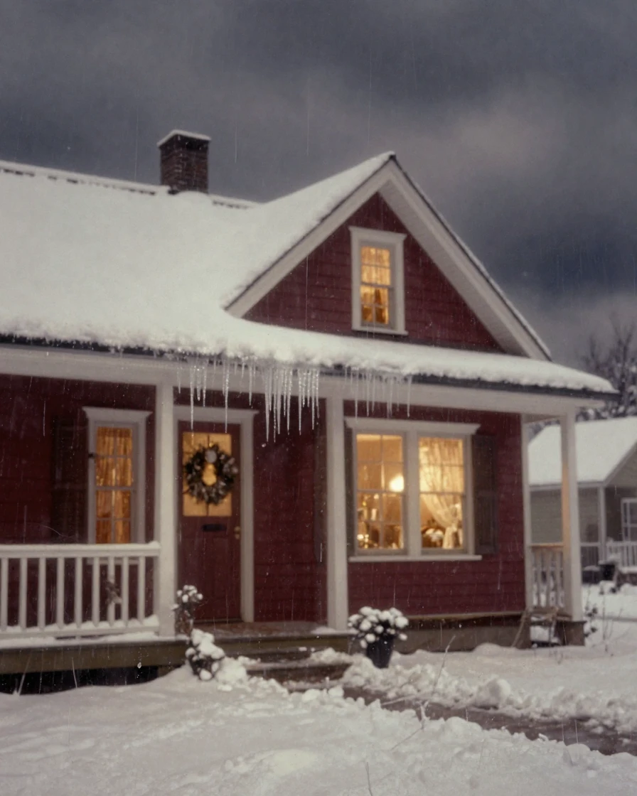 Icicles hanging from the eaves of a snow-blanketed cottage, in soft window light, under a darkening storm sky, in winter, with rich burgundy and gold accents, through a rain-streaked window.
