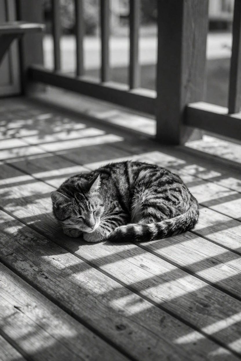 A tabby cat naps in a patch of afternoon sun on a wooden porch.