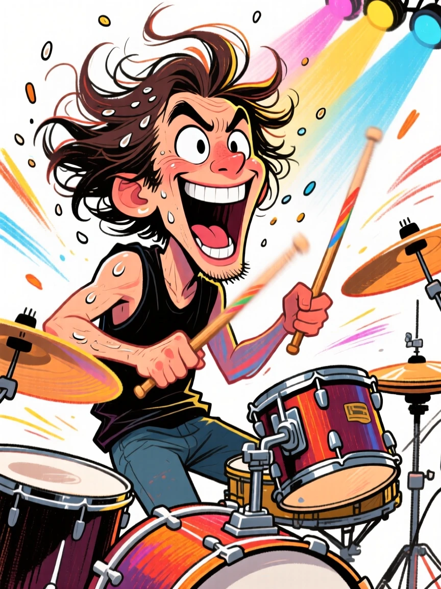 A drummer mid-performance, sticks a blur, sweat flying from an energetic head bang.