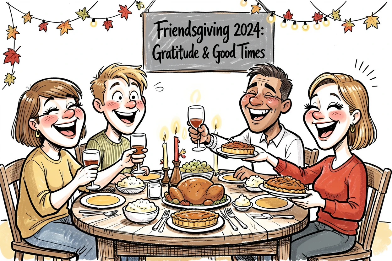[Seasonal Holidays & Celebrations] Festive scene of friends gathering for a cozy Friendsgiving dinner party, full of celebration and joy