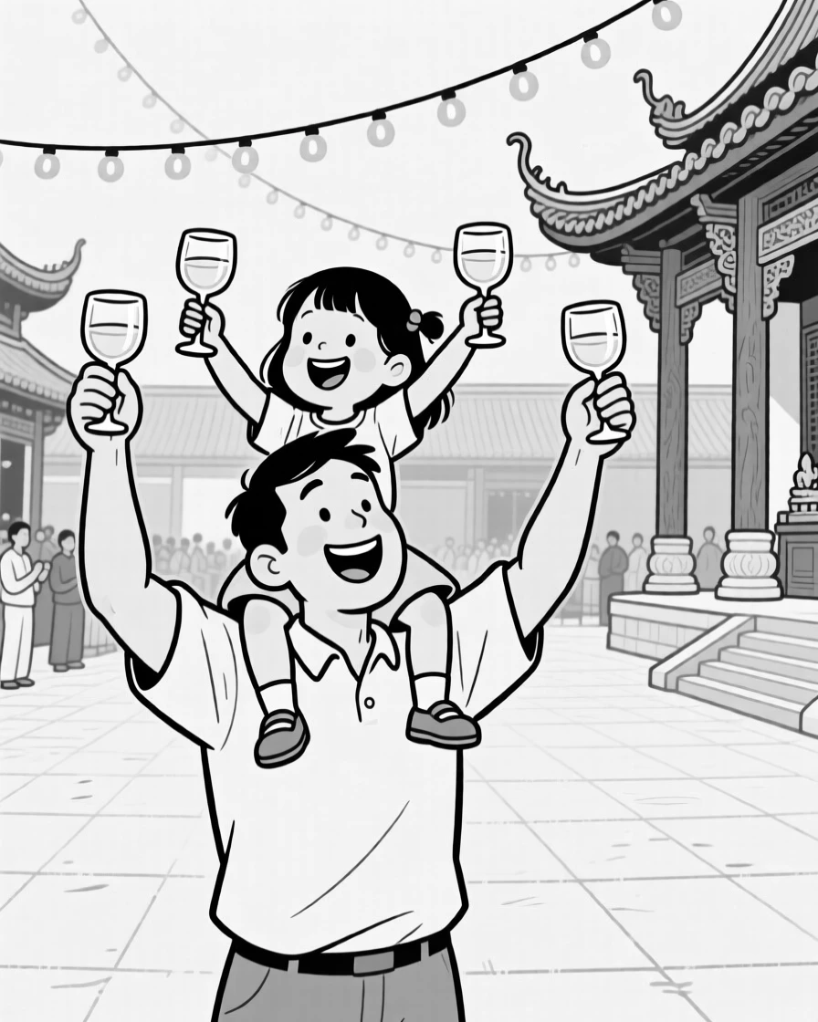 A father lifting his daughter onto his shoulders during a parade, raising glasses high with wide, genuine smiles, set at a temple courtyard during a sacred ceremony. Warm string lights twinkle overhead. It captures the warmth of celebration shared across generations.
