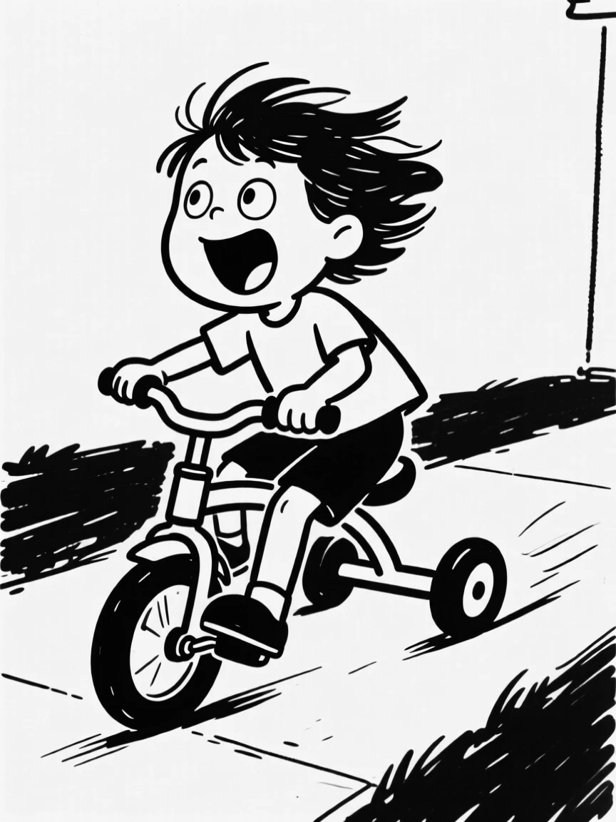 A kid riding a tricycle at full speed down a driveway, hair flying.