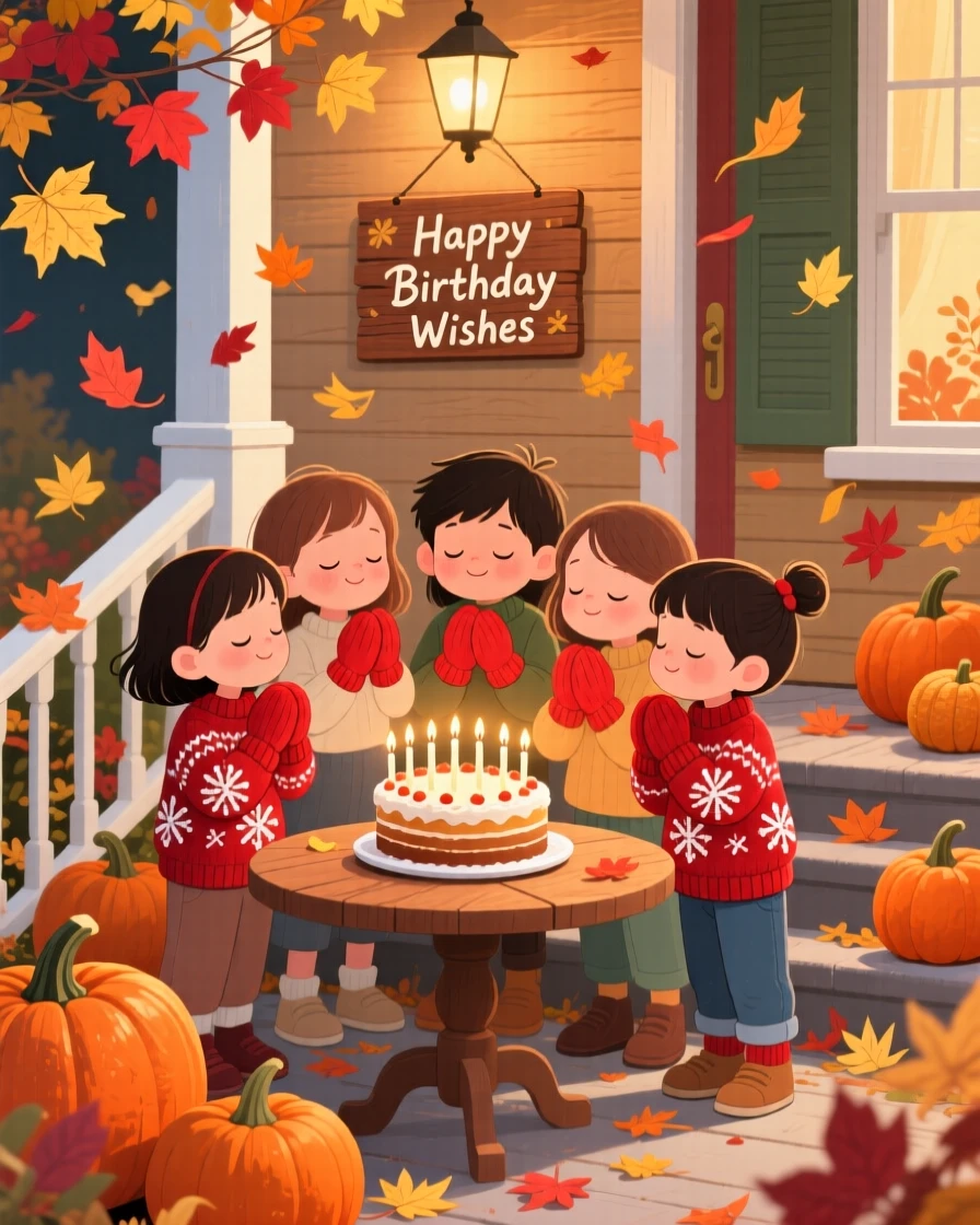 Children in matching mittens gather in a pumpkin-lined front porch, making a wish while blowing out birthday candles, as colorful leaves swirl through the air.