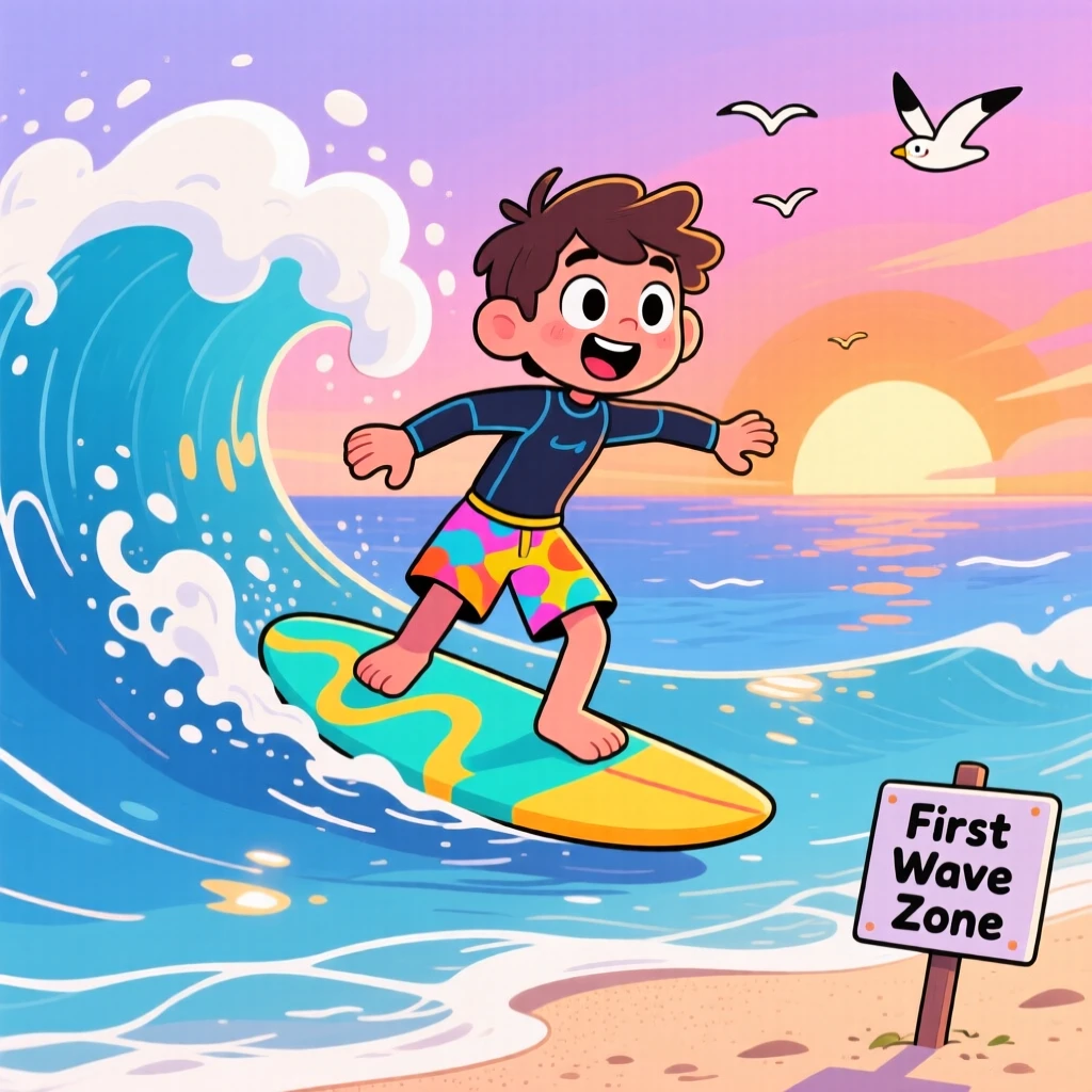 A young surfer catching their first wave at sunrise.