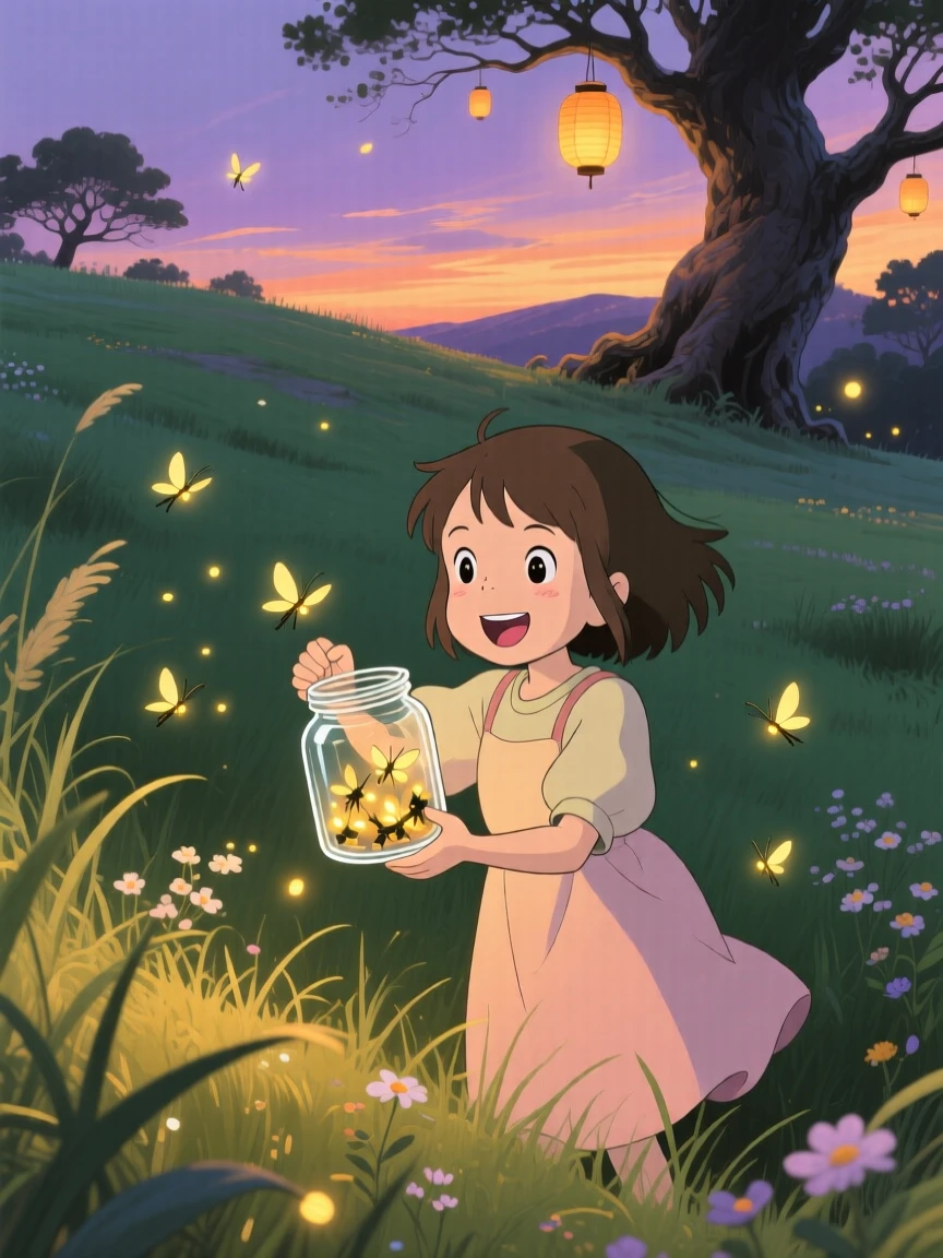 A girl catching fireflies in a glass jar at dusk, the moment full of laughter and energy.