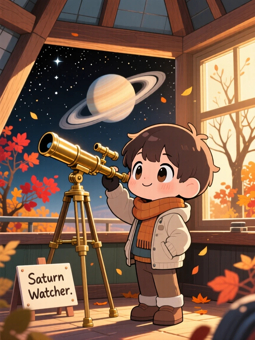 A young astronomer peering through a telescope at Saturn's rings, framed as a three-quarter view within a rooftop observatory at night, on a crisp autumn afternoon, glowing under soft golden-hour sunlight, evoking eager anticipation.