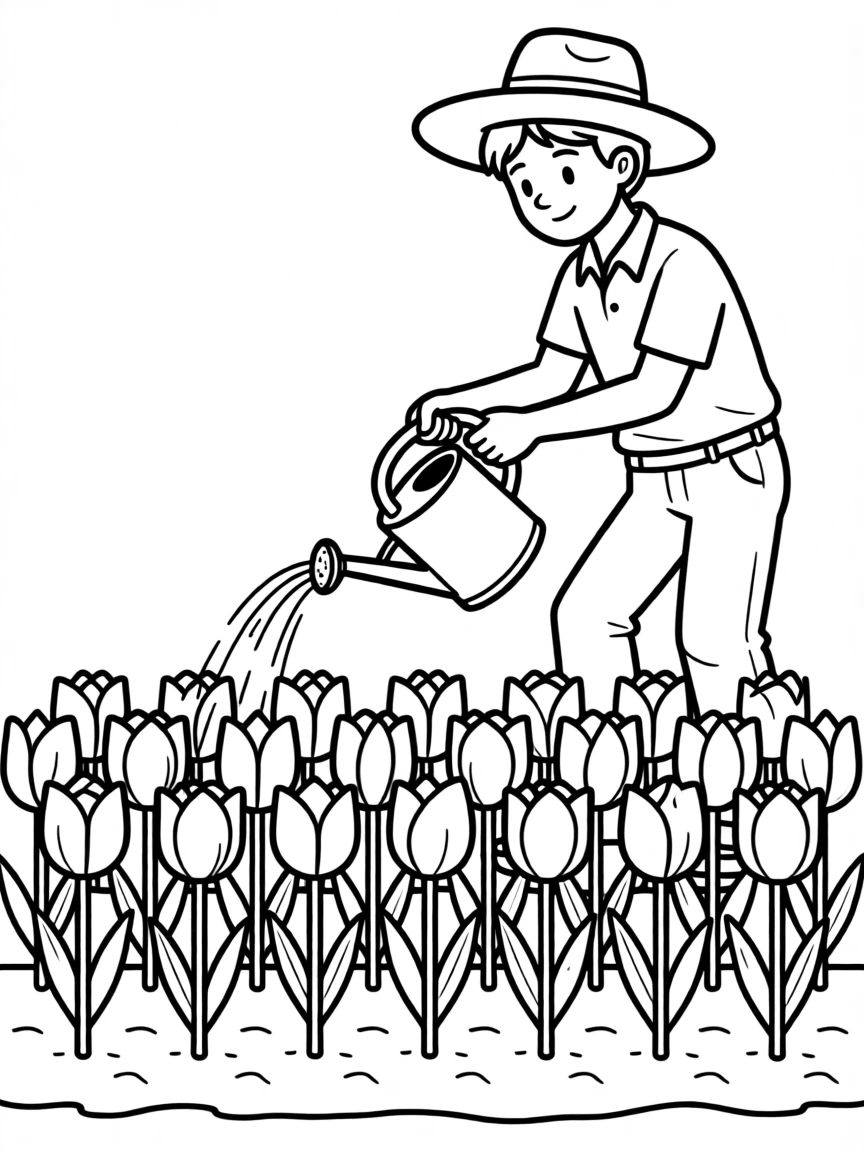 A gardener watering rows of blooming tulips
