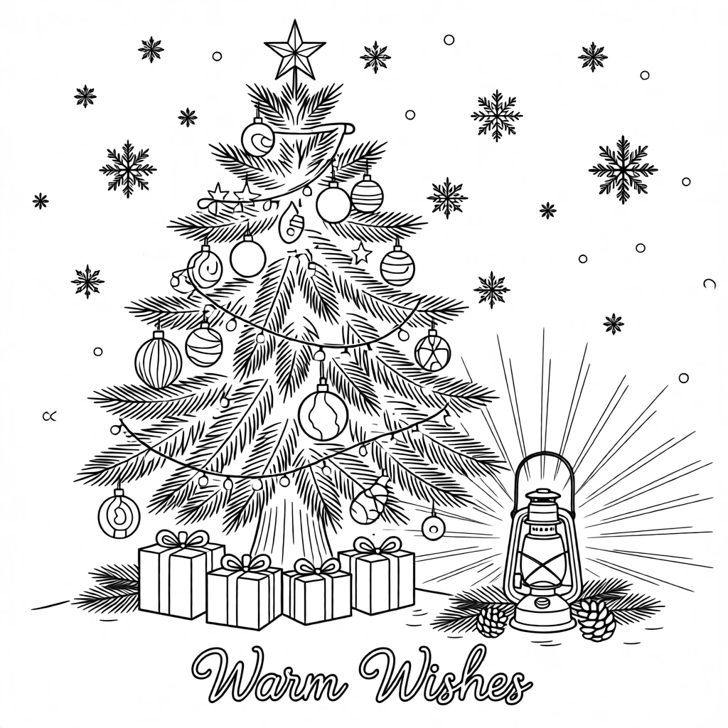 A Christmas tree decorated with ornaments and twinkling lights, with warm lantern light glowing across the scene.