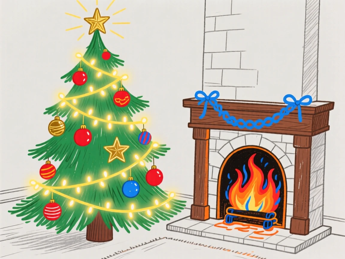 A decorated Christmas tree glowing beside a crackling fireplace.