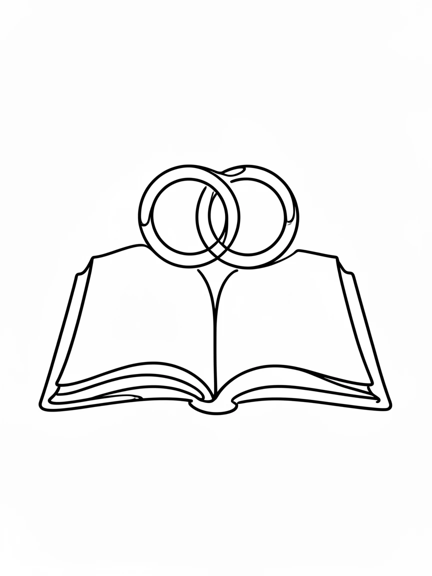 A pair of interlocked wedding rings resting on an open book, representing commitment
