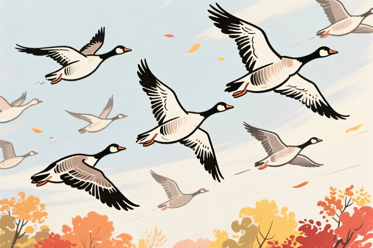 A group of geese flying in a V formation across an autumn sky.