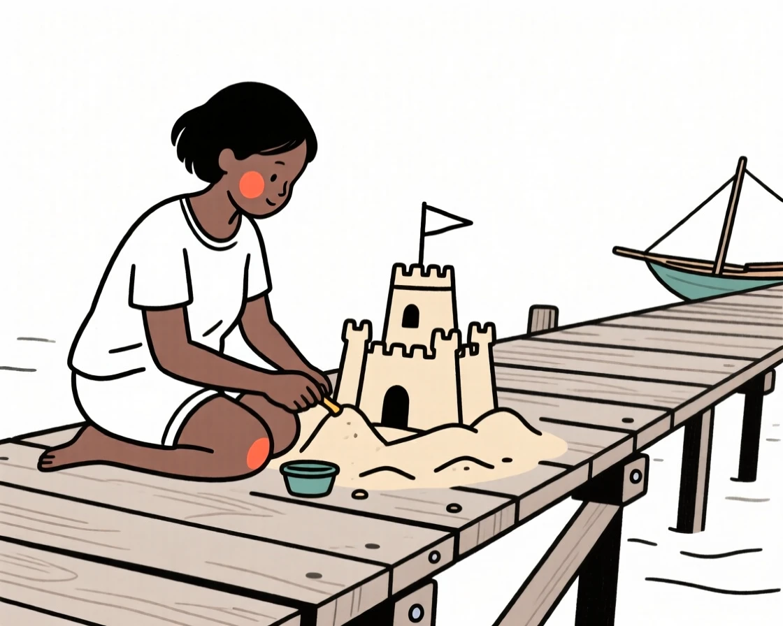 A mother of Kenyan heritage building a sandcastle by the shore, on a wooden fishing pier.