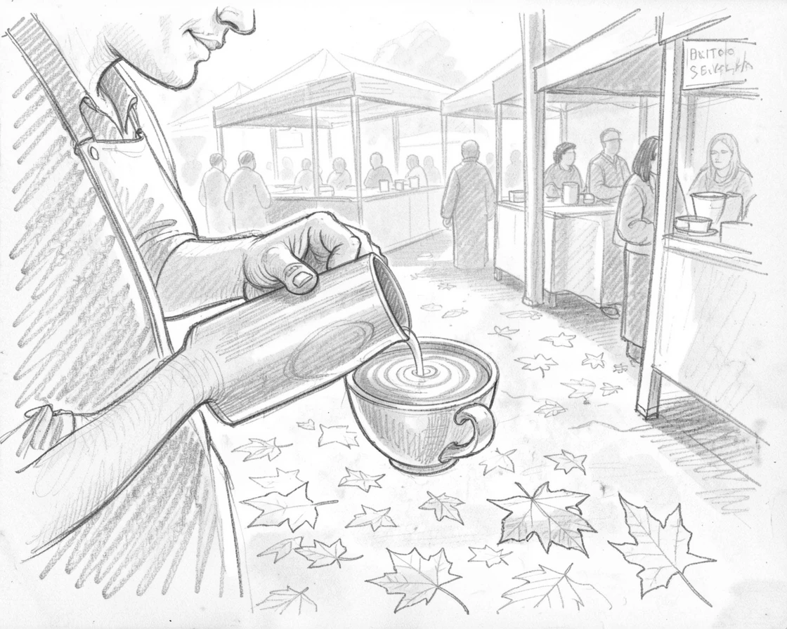 A warm everyday moment: a barista carefully pouring latte art in a sunlit farmers market, with autumn leaves scattered underfoot.