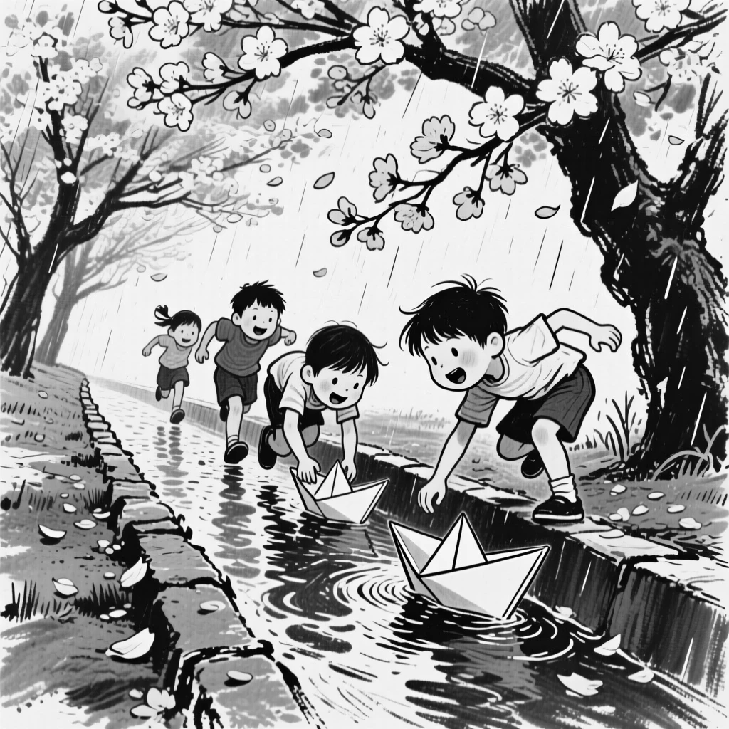 Kids racing paper boats down a rain gutter, beneath blossoming trees in full bloom.