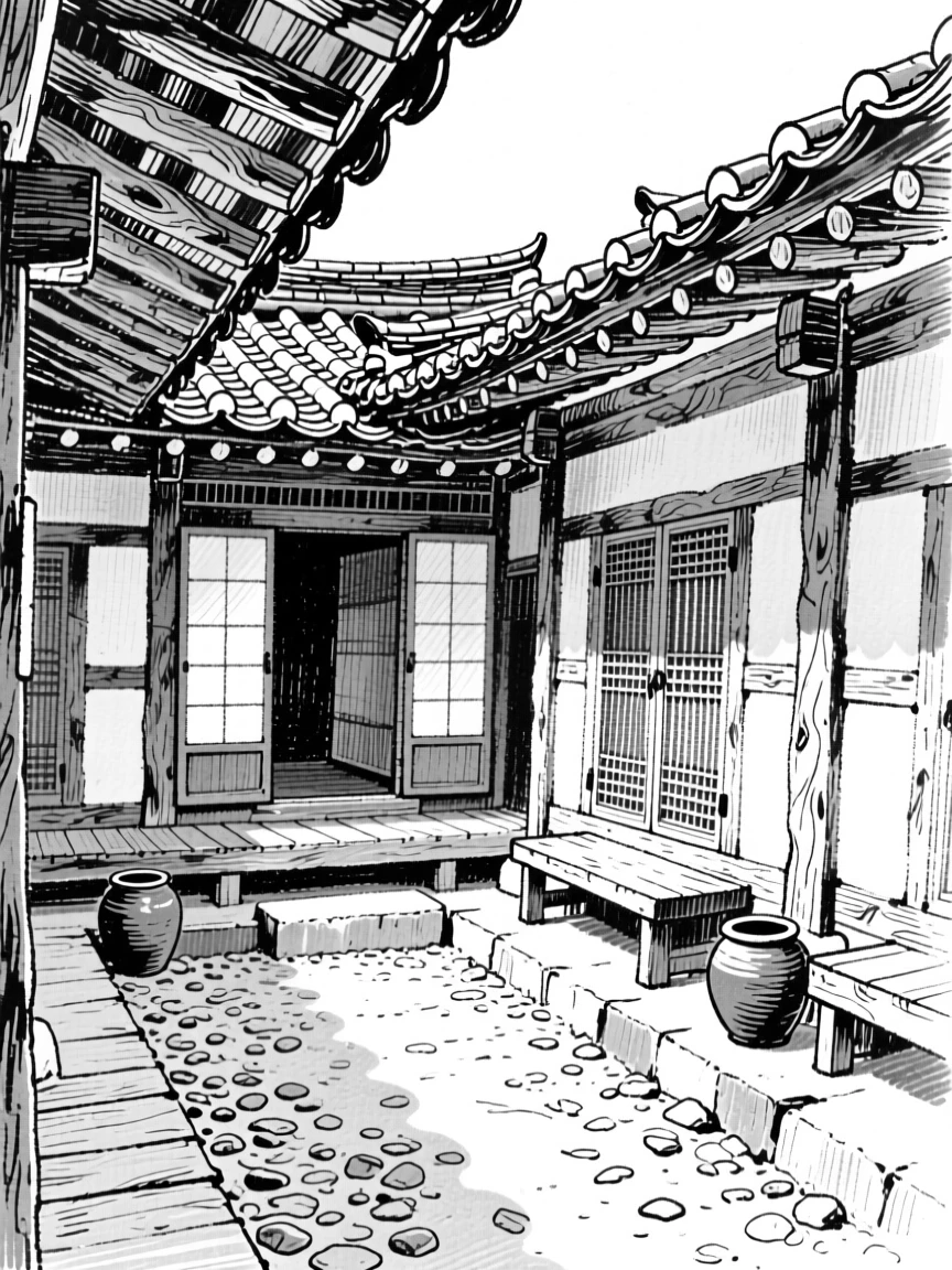 A traditional Korean hanok courtyard with wooden beams and paper doors.
