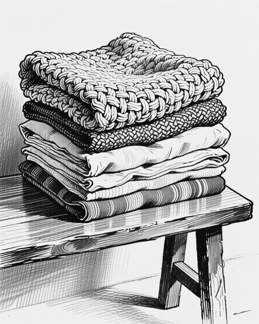 A woven wool blanket folded on a bench sitting atop a stack of folded linens, with a faint reflection visible on its surface, forming a full of quiet character still-life study.
