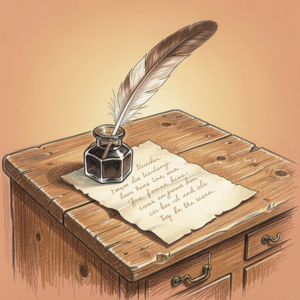 An antique writing desk with a quill, inkwell, and parchment, set against a simple, warm-toned background, full of storytelling character and warmth.