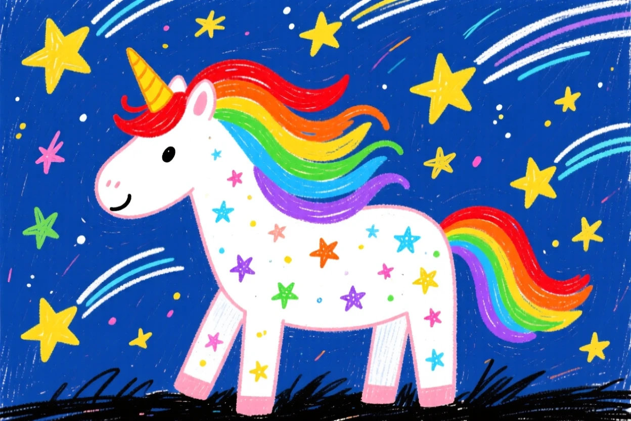 A shimmering unicorn with a flowing rainbow mane beneath a sky full of shooting stars.
