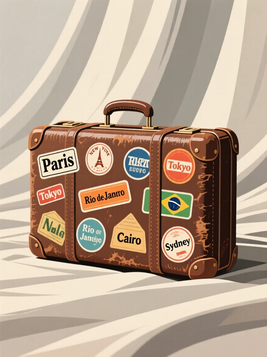 A vintage suitcase covered in travel stickers, set against a backdrop of soft draped fabric, captured with a close, detailed focus, with a clean, elegant simplicity.