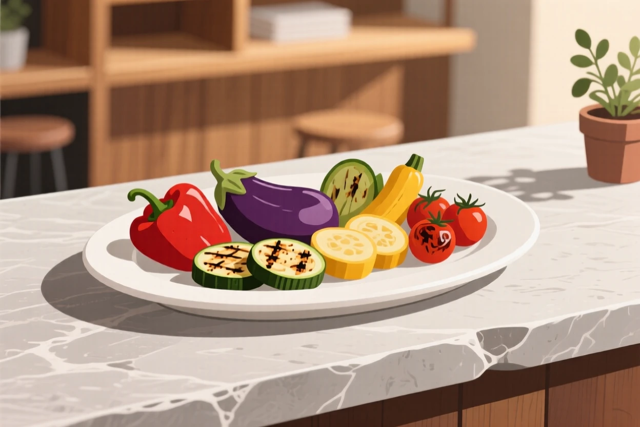 A platter of grilled vegetables beautifully displayed on a stone counter at a cozy cafe.