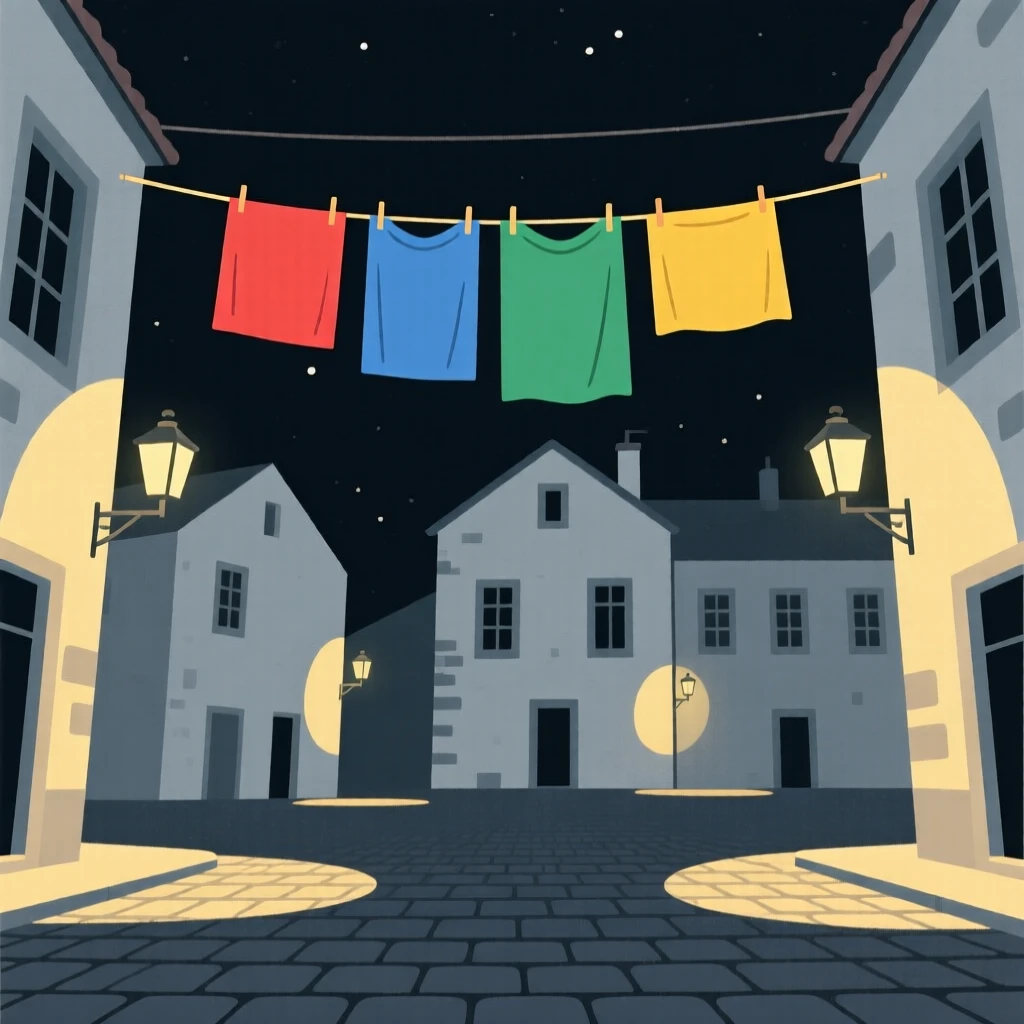 A view of a lantern-lit street at an European old town square, framed by colorful hanging laundry lines, capturing wanderlust.