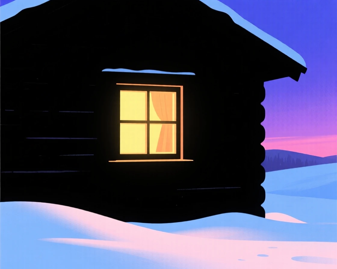 A cozy cabin window glowing warmly against a snow-covered evening.