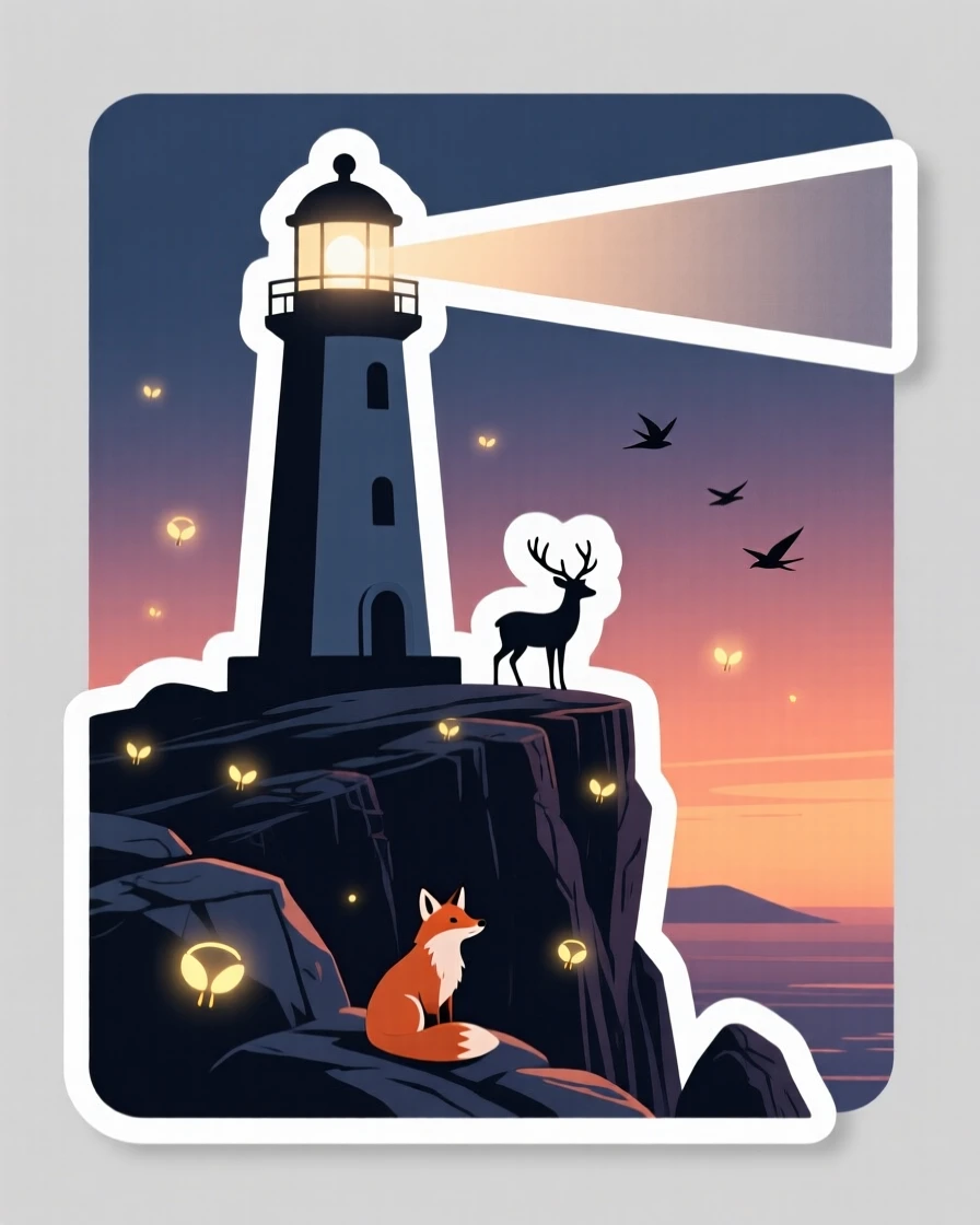 A breathtaking lighthouse on a rocky cliff at dusk, with fireflies glowing softly in the dusk, where wildlife roams freely.