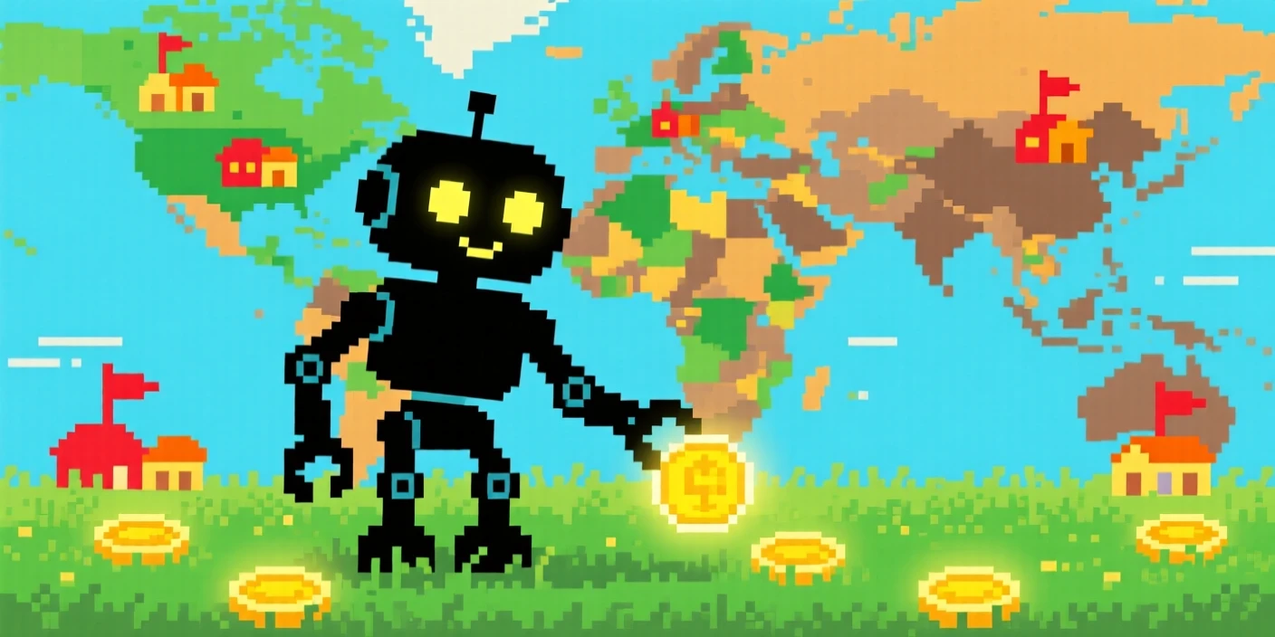 A robot companion collecting glowing coins in a grassy field, on a colorful world map dotted with towns.