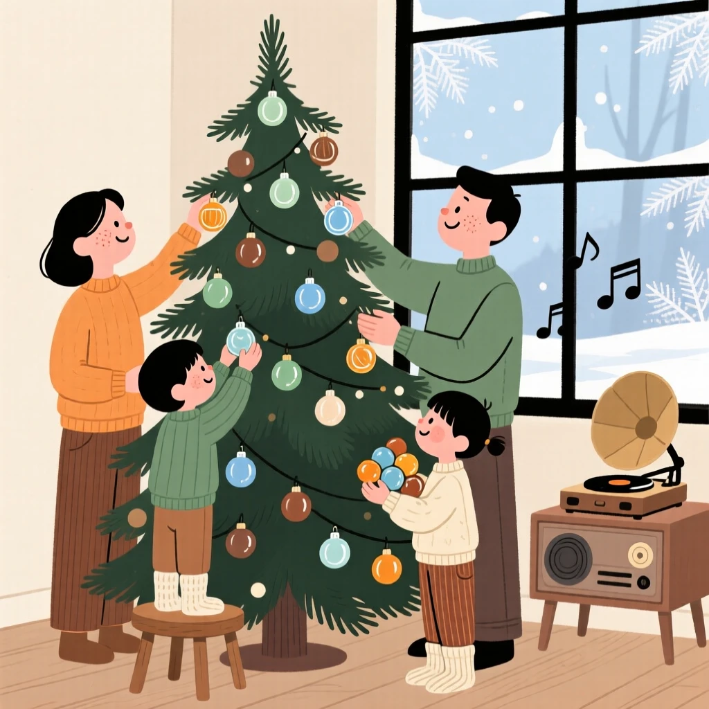 A family decorates a tall pine tree with antique glass baubles while carols plays softly and frost coats the glass outside the window.