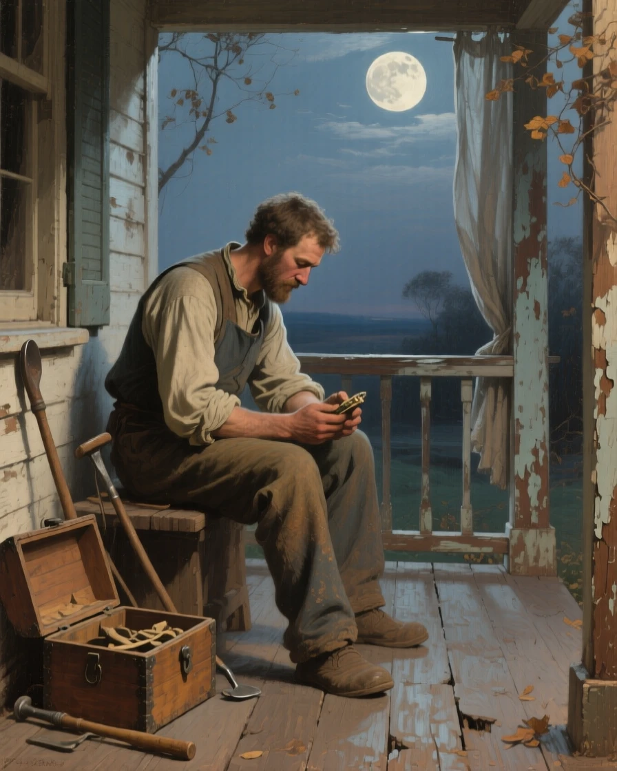 A balanced composition of a traveling craftsman on a weathered porch, filled with tender affection, under a full moon.