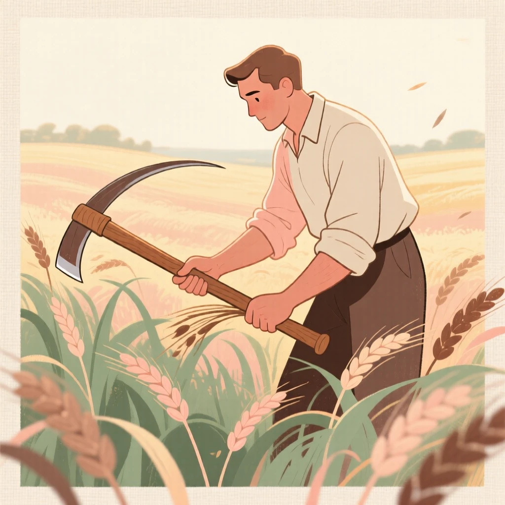 A farmer harvesting wheat by hand with a wooden scythe