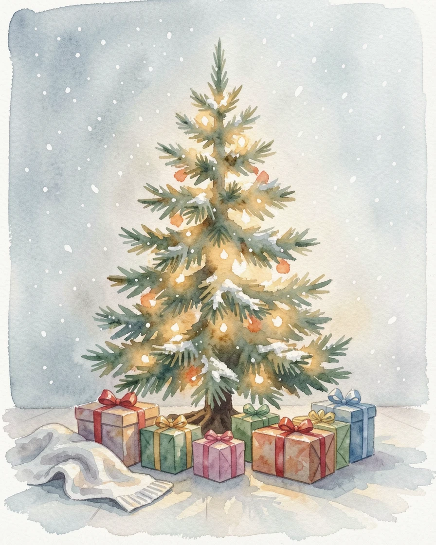 A Christmas morning scene with gifts under a glowing tree with soft snow gently falling.