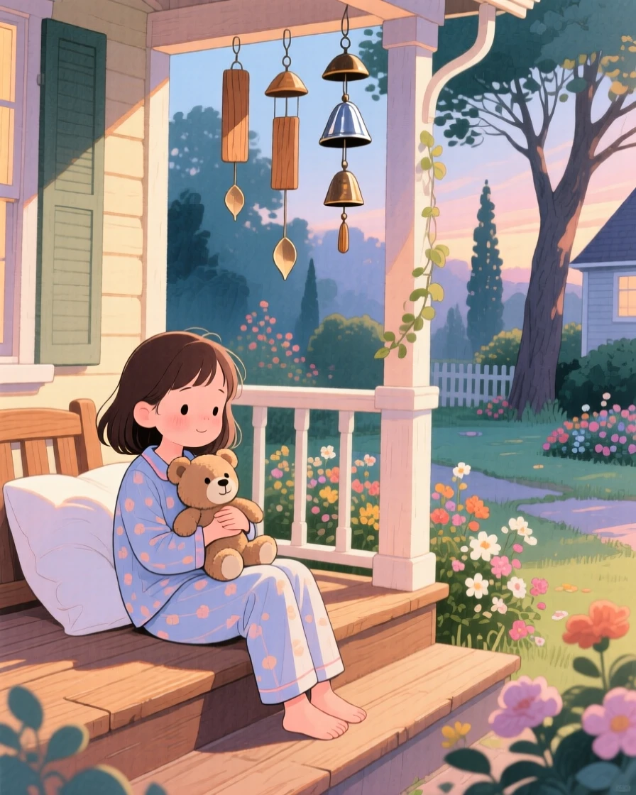 A shy young girl hugging a stuffed animal tightly at bedtime, in a grandparents' porch with wind chimes, evoking a warm sense of nostalgia.