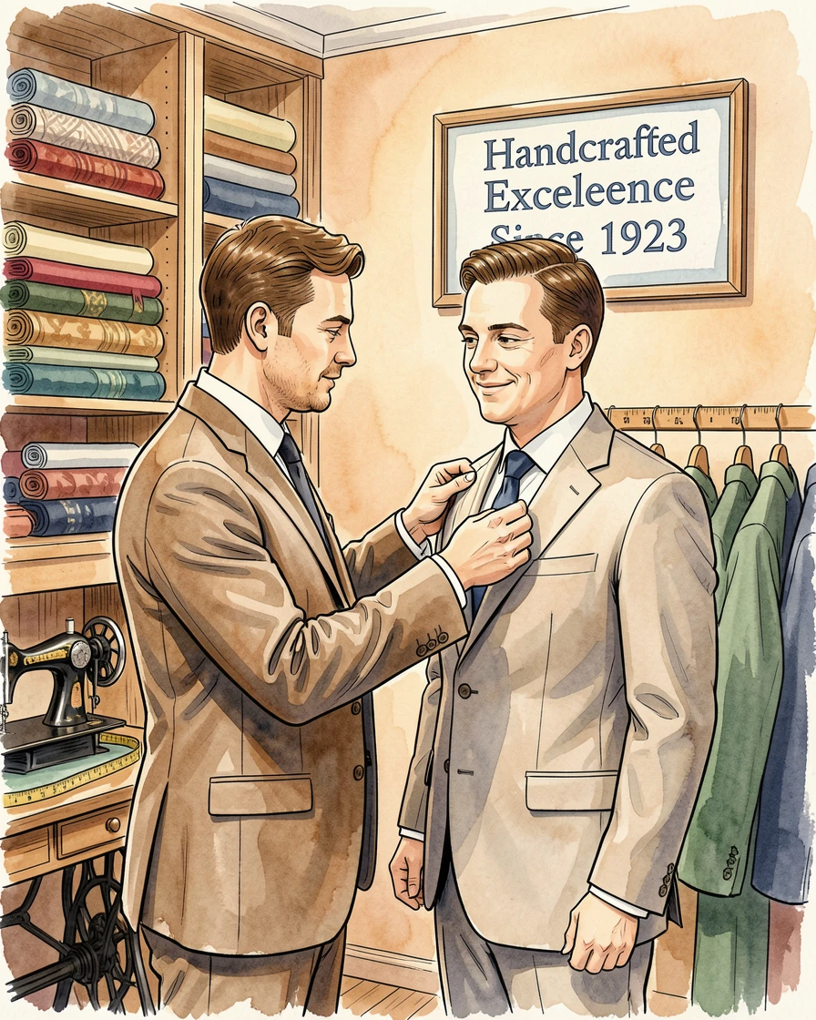 A tailor fitting a customer for a new suit in a warmly lit shop, a feeling of quiet contentment throughout the moment.