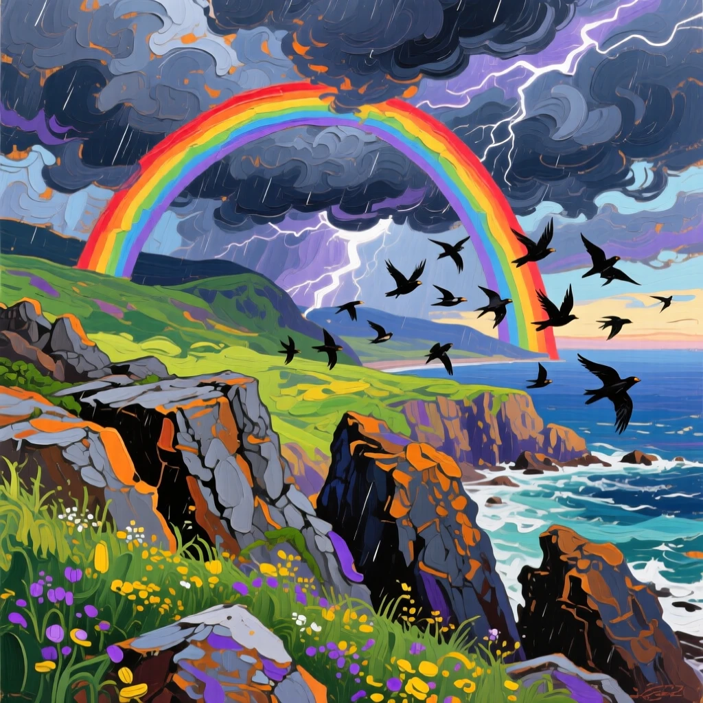 Over a rugged, rocky coastline, a double rainbow arching over a green valley, birds scattering ahead of the approaching storm, as a storm builds through the late afternoon.