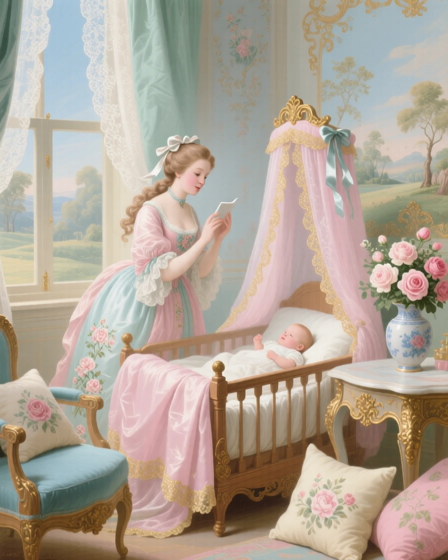 A princess singing to her infant beside a cradle in a quiet nursery  
