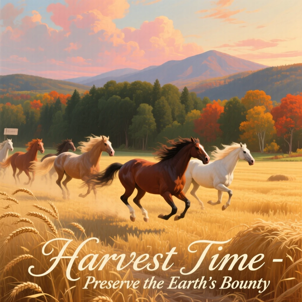 A team of horses rides across a golden field at harvest time as the wind streams through their manes.