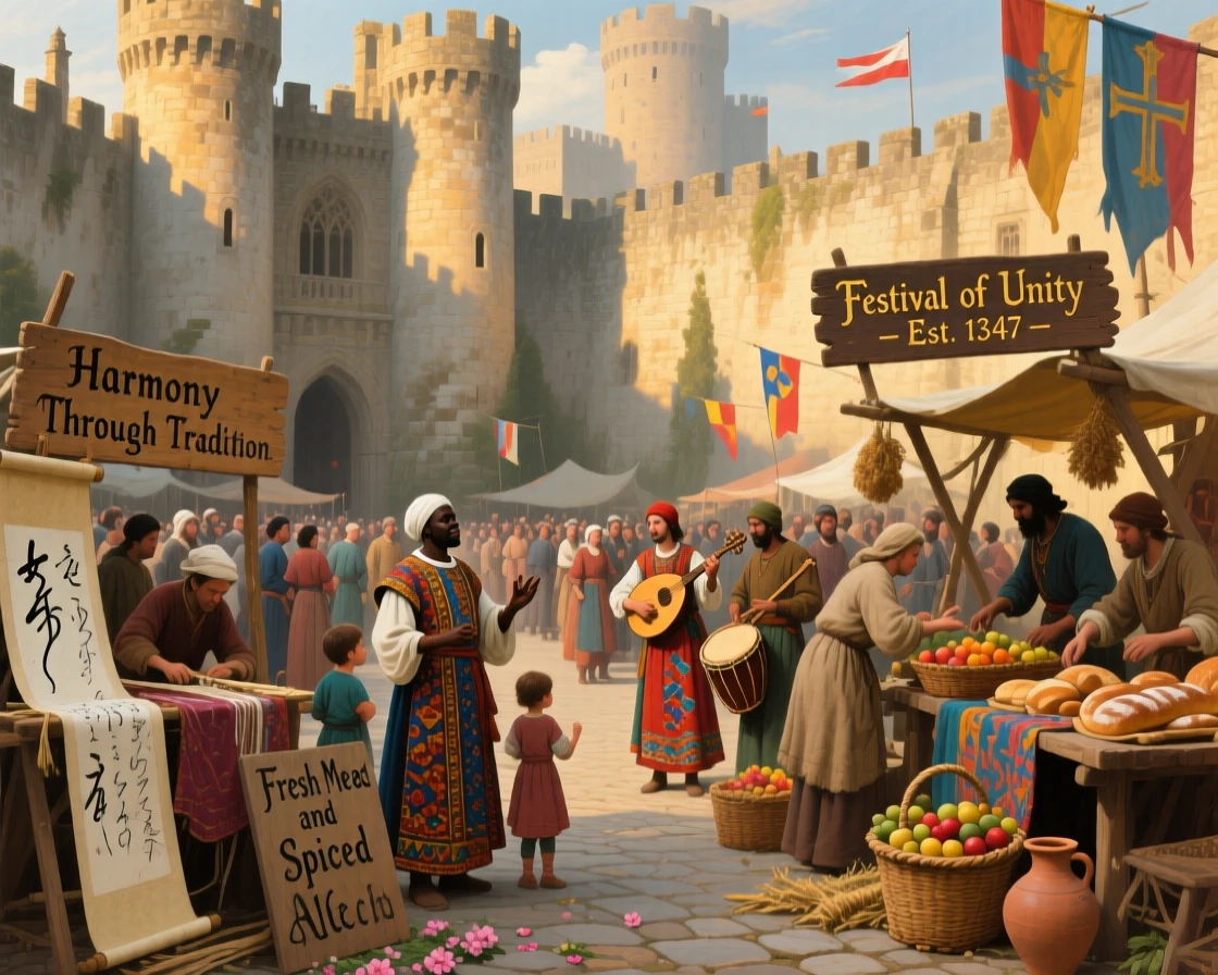 A grand medieval castle courtyard alive with a bustling festival, as golden or dramatic lighting sets a timeless, cinematic mood, celebrating the rich diversity of world cultures and traditions