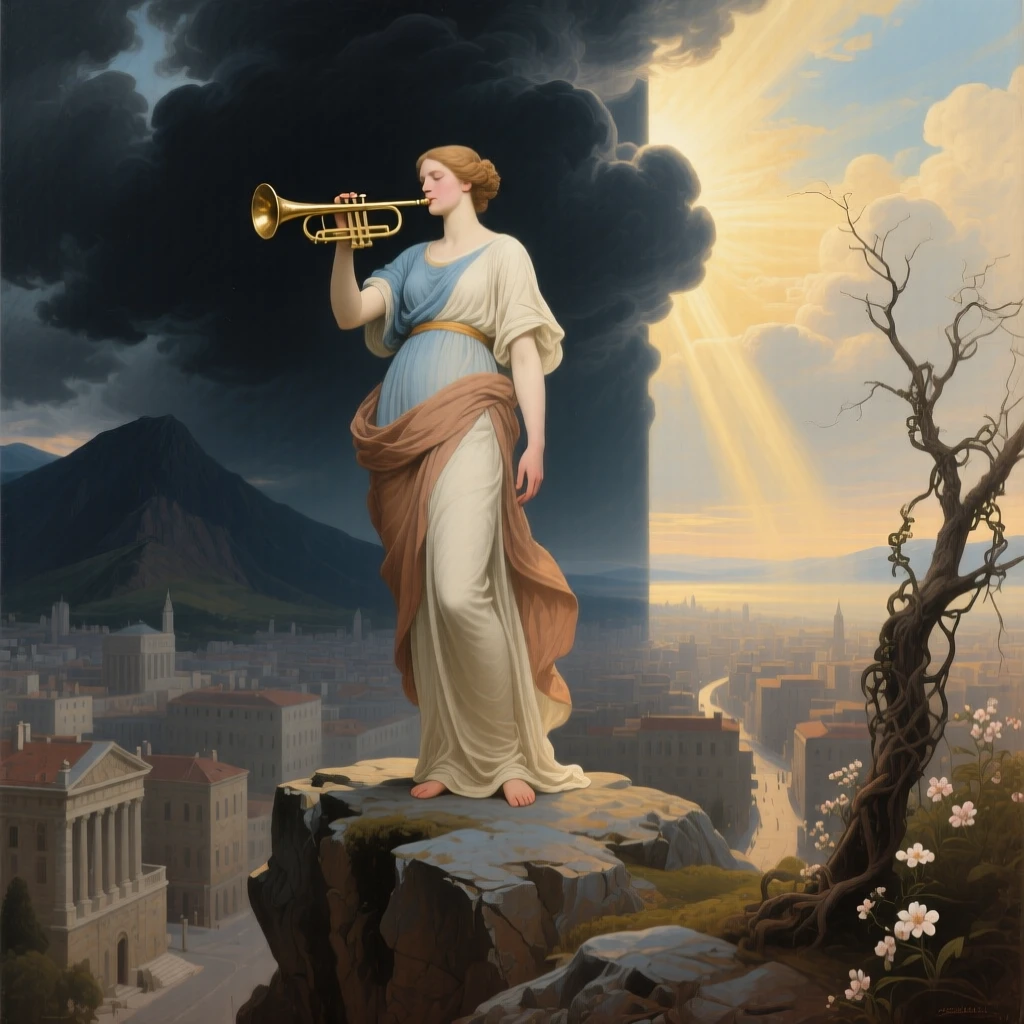 A figure of Fame sounding her trumpet over a sleeping city at the threshold between the mortal and the eternal, set atop a rocky promontory overlooking a vast unknown, with contrasting elements of darkness and radiance framing the scene; the composition balances opposing symbolic elements on either side of the central figure, capturing the eternal struggle between light and shadow.